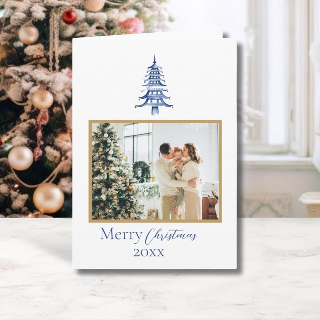 Chinoiserie Christmas Blue Pagoda 1 Foto Karte (Chinoiserie Christmas Blue Pagoda 1-Photo Card)