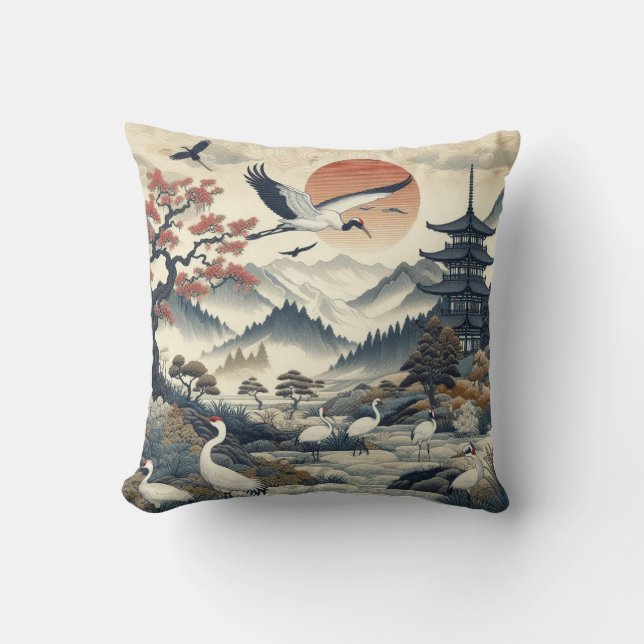 Chinoiserie Crane Bird Landschaftsmuster Kissen (Vorderseite)