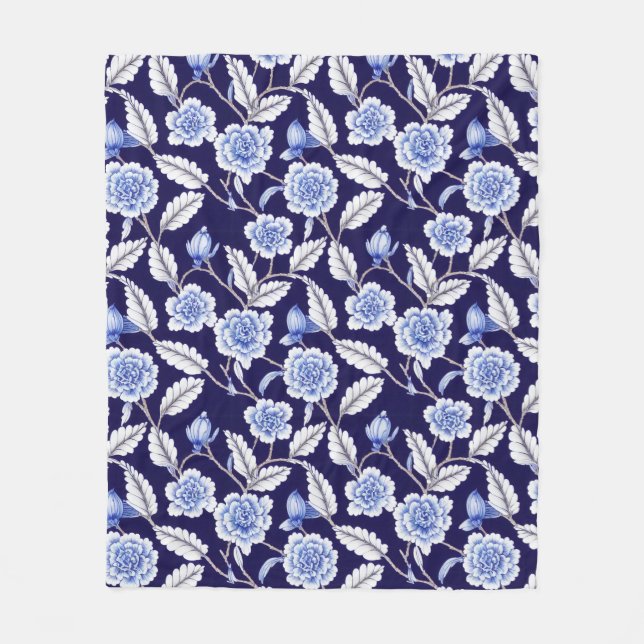 Chinoiserie Delft Blue Floral Porzellan Muster Fleecedecke (Vorderseite)
