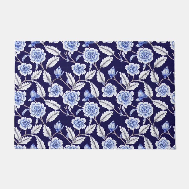 Chinoiserie Delft Blue Floral Porzellan Muster Fußmatte (Vorderseite)
