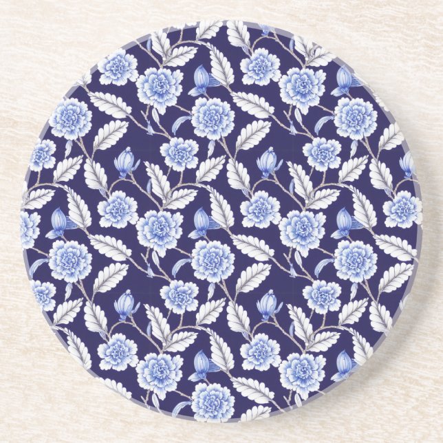 Chinoiserie Delft Blue Floral Porzellan Muster Getränkeuntersetzer (Vorne)