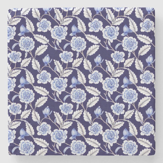 Chinoiserie Delft Blue Floral Porzellan Muster Steinuntersetzer (Vorderseite)