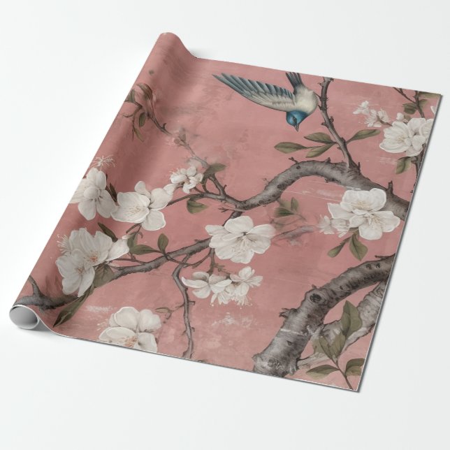 Chinoiserie Dusty Pink Cherry Blossom Hintergrund Geschenkpapier (Ungerollt)