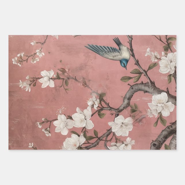 Chinoiserie Dusty Pink Cherry Blossom Hintergrund Geschenkpapier Set (Vorderseite)