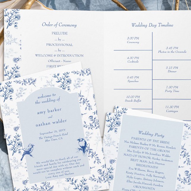 Chinoiserie Elégant Blue Floral Wedding Programme (Folded Wedding Program - 4 sides, from Chinoiserie Wedding Collection by Darling & May)