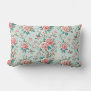 Chinoiserie Elegante Rosa und Aqua Flora Bird Lendenkissen