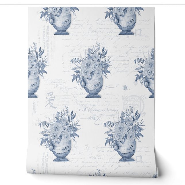 Chinoiserie Englisch Floral Blau und Weiß Tapete (Abrollen)
