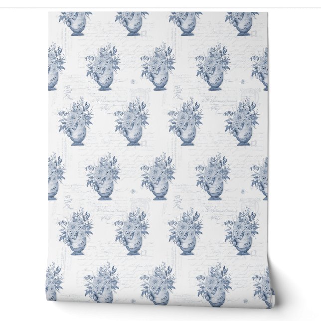 Chinoiserie Englisch Floral Blau und Weiß Tapete (Abrollen)