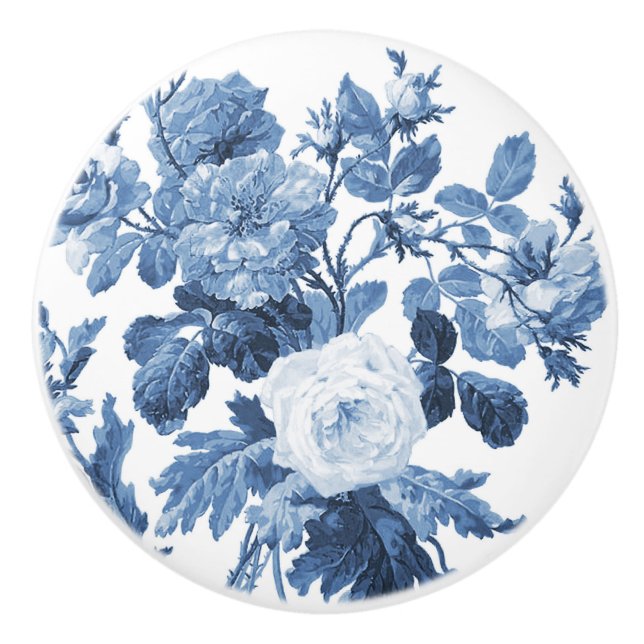 Chinoiserie Englisch Rosen Floral Delft Blau Weiß Keramikknauf (Vorderseite)