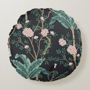 Chinoiserie Exotische Vögel: Vintage Bananenbaumau Rundes Kissen