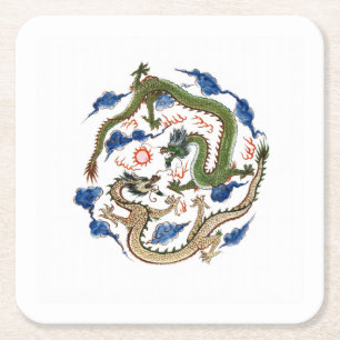 Chinoiserie Famille Verte Drachen Flammende Perle Rechteckiger Pappuntersetzer