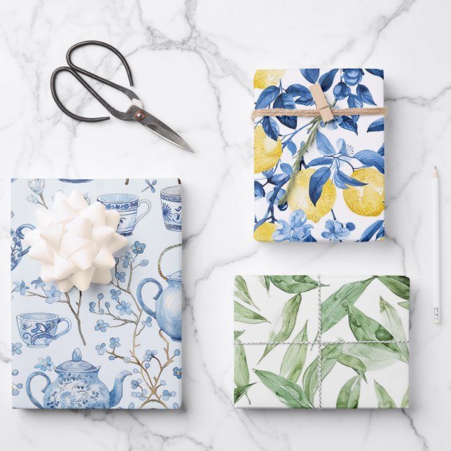 Chinoiserie Fleurs Bleues Citrons Feuille Mariage (Recto)