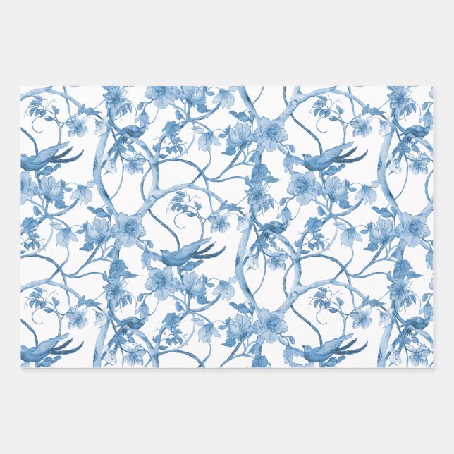 Chinoiserie Floral Bird Dusty Blue White Decoupage Geschenkpapier Set (Vorderseite)