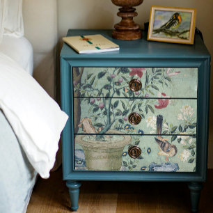 Chinoiserie Floral Birds Pot Mint in Blue Decoupag Seidenpapier