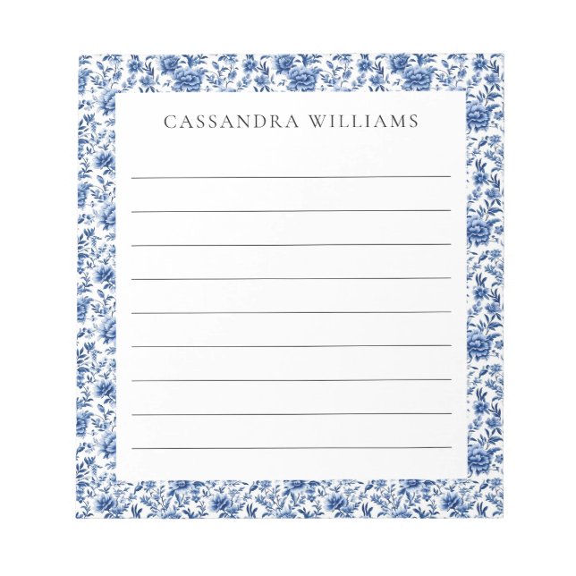 Chinoiserie Floral Blauer Personalisierter Name Li Notizblock (Vorderseite)