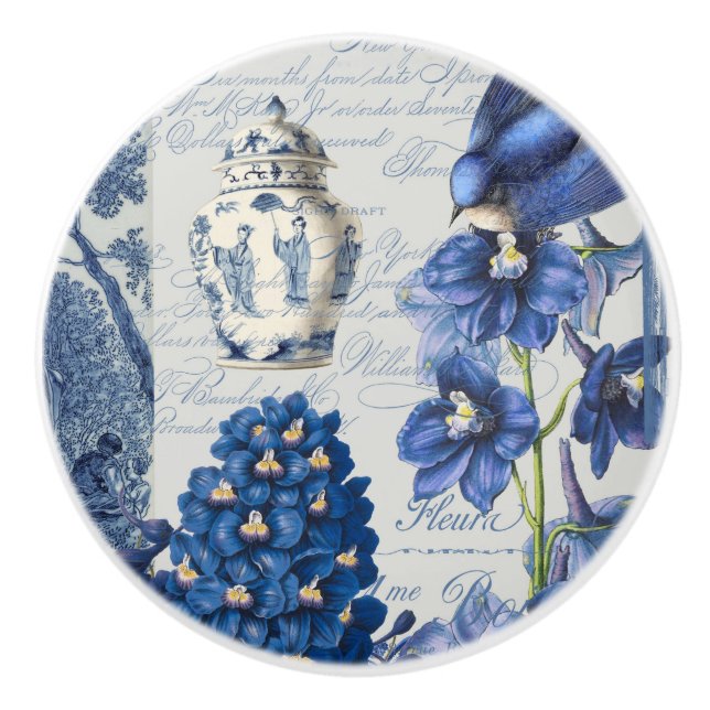 Chinoiserie Floral Delft Blue White Ginger Jar Keramikknauf (Vorderseite)