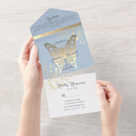 Chinoiserie Floral Dusty Blue Wedding All In One Einladung