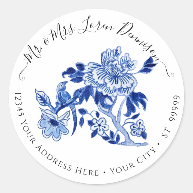 Chinoiserie Floral Foliage Blue White Bird Wedding Runder Aufkleber (Vorderseite)
