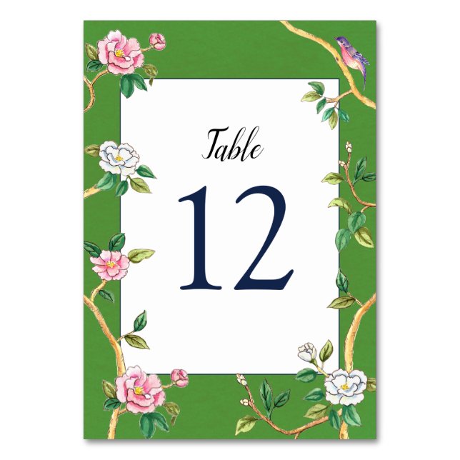 Chinoiserie Floral Green & White Tischnummer (Vorderseite)