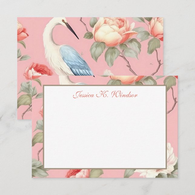 Chinoiserie Floral Pink Egret Personalisiert Dankeskarte (Vorne/Hinten)
