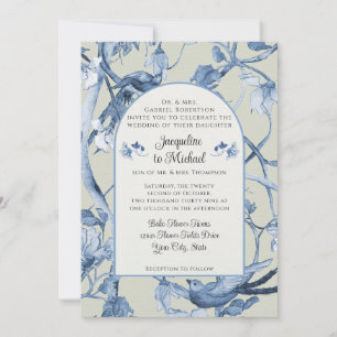 Chinoiserie Floral White Blue n Sage Birds Wedding Einladung