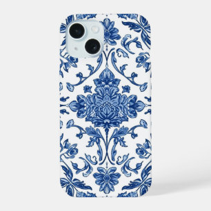 Chinoiserie Florale Bleue sur Fond Blanc Aquarelle