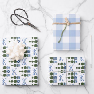 Chinoiserie-Formtopiary-Baum mit blauem Band und G Geschenkpapier Set