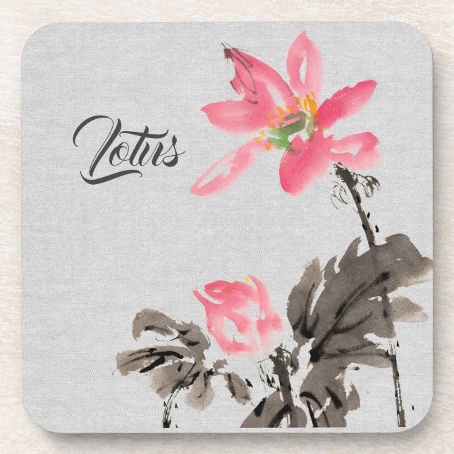 Chinoiserie Freehand Wasserfarben Lotus Beve Getränkeuntersetzer (Vorderseite)