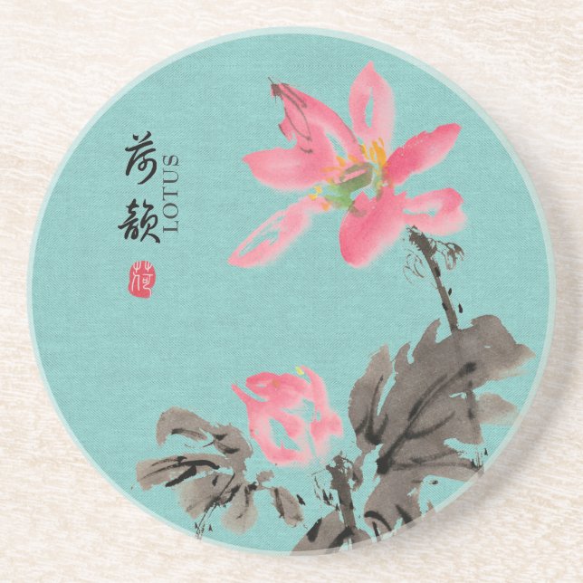 Chinoiserie Freehand Wasserfarben Lotus Getränkeuntersetzer (Vorne)