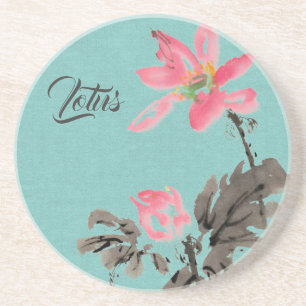 Chinoiserie Freehand Wasserfarben Lotus Green Getränkeuntersetzer