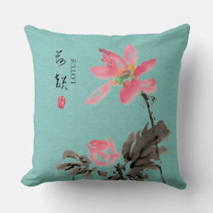 Chinoiserie Freehand Wasserfarben Lotus Green Kissen
