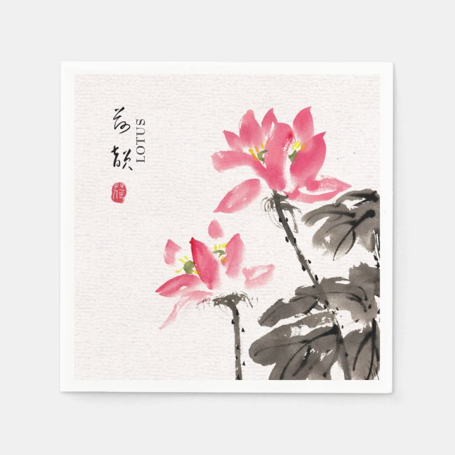 Chinoiserie Freehand Wasserfarben Lotus Serviette (Vorderseite)