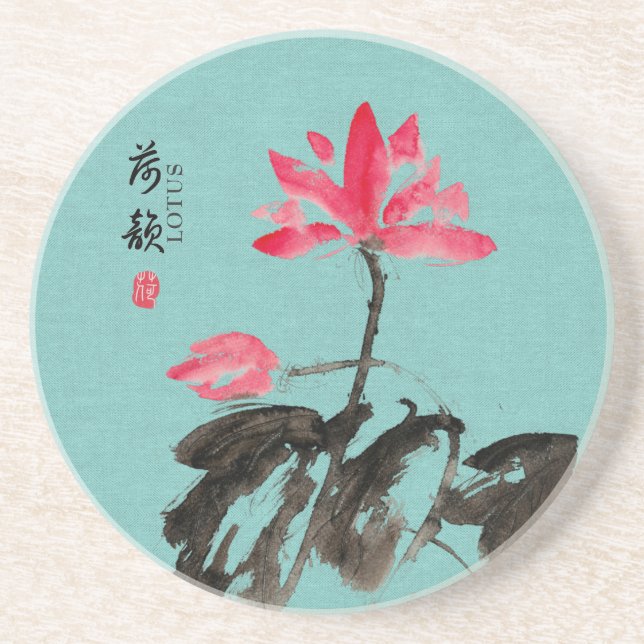 Chinoiserie Freehand Watercolor Lotus Blume Getränkeuntersetzer (Vorne)