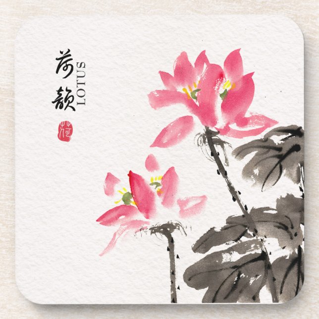 Chinoiserie Freehand Watercolor Lotus Blume Getränkeuntersetzer (Vorderseite)