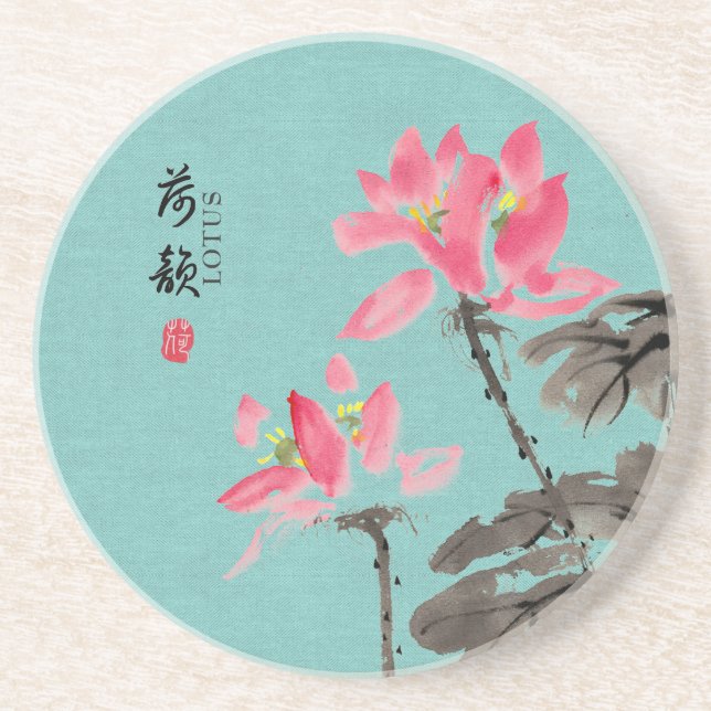 Chinoiserie Freehand Watercolor Lotus Blume Getränkeuntersetzer (Vorne)