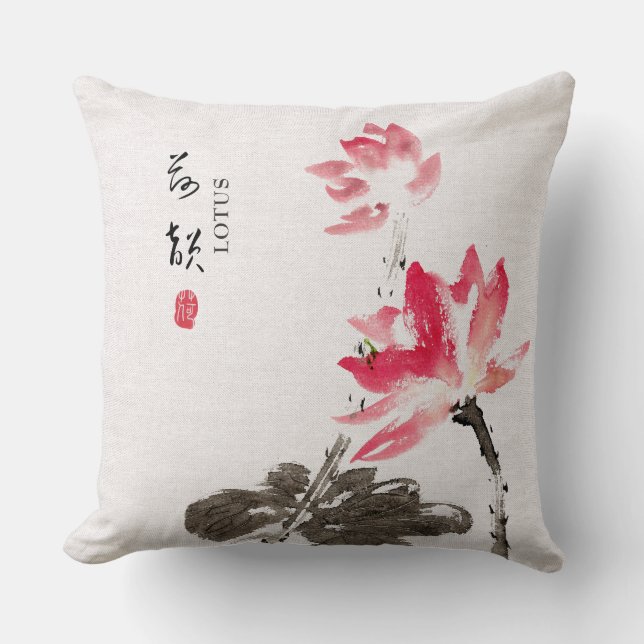 Chinoiserie Freehand Watercolor Lotus Blume Kissen (Vorderseite)