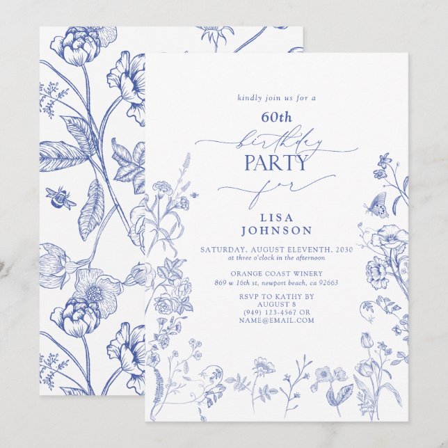Chinoiserie French Blue Floral 60. Geburtstag Einladung (Vorne/Hinten)