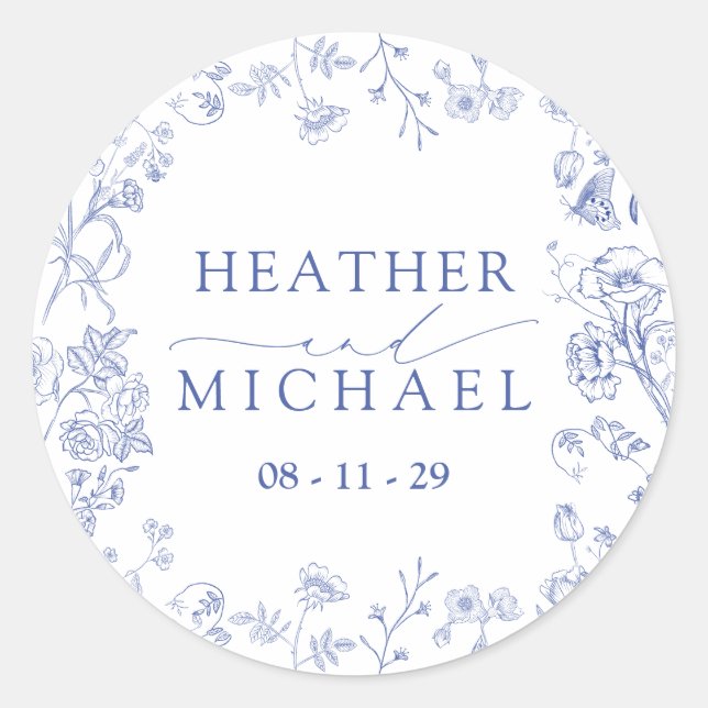 Chinoiserie French Blue Viktorianisch Floral Weddi Runder Aufkleber (Vorderseite)