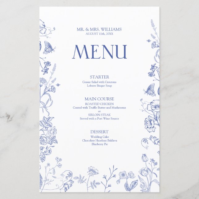 Chinoiserie French Blue Viktorianisch Wedding Menu (Vorderseite)