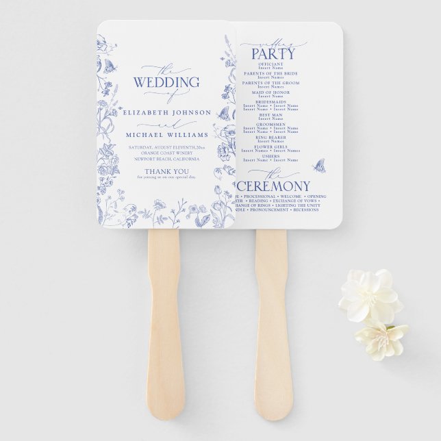 Chinoiserie French Blue Viktorianisch Wedding Prog Fächer (Vorne und Hinten)