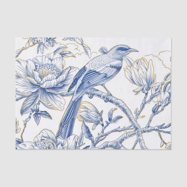 Chinoiserie French-Toile Bird in Blue and Gold Seidenpapier (Vorderseite)