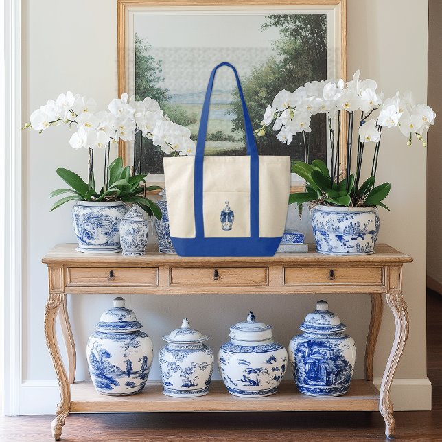 Chinoiserie Ginger Jar mit Blue Bow Contrast Trim Tragetasche (Ginger Jar contrast trim boat tote bag with custom initials monogram)
