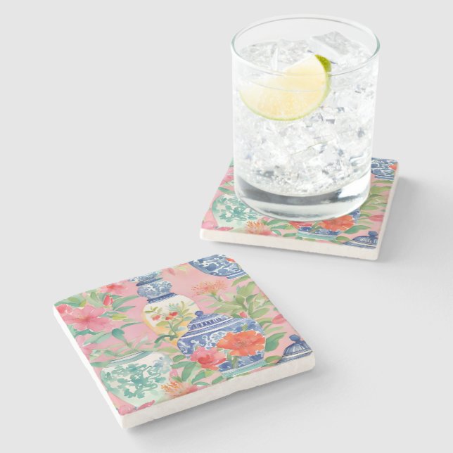 Chinoiserie Ginger Jars & Blume Steinuntersetzer (Seitenansicht)