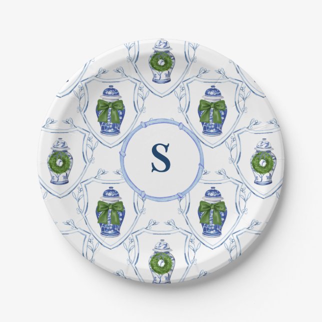 Chinoiserie Ginger Jars Weihnachten Mit Monogramm Pappteller (Vorderseite)
