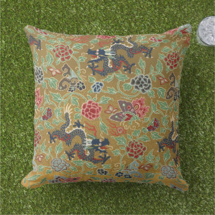 Chinoiserie Gold-Drache und rosa Pfingstrosen-Druc Kissen