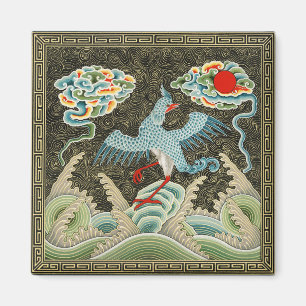 Chinoiserie Golden Crane Vogel & Seewellenmuster Magnet