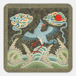 Chinoiserie Golden Kranich Vogel & Seewellenmuster Quadratischer Aufkleber