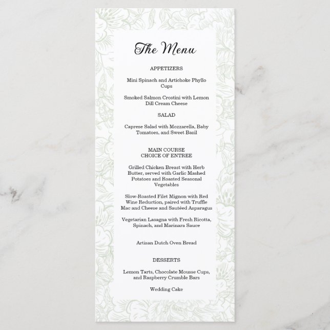 Chinoiserie Green Sage Peony Wedding Menükarte (Vorderseite)