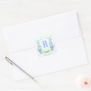 Chinoiserie Hydrangea Monogram Quadratischer Aufkleber