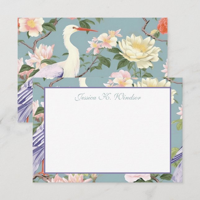 Chinoiserie Jade Floral Egret Personalisiert Dankeskarte (Vorne/Hinten)